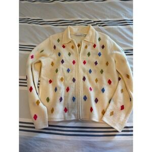 Marisa Christina 100% Wool Full Zip Sweater Jacket Diamond Harlequin Cream L 90s